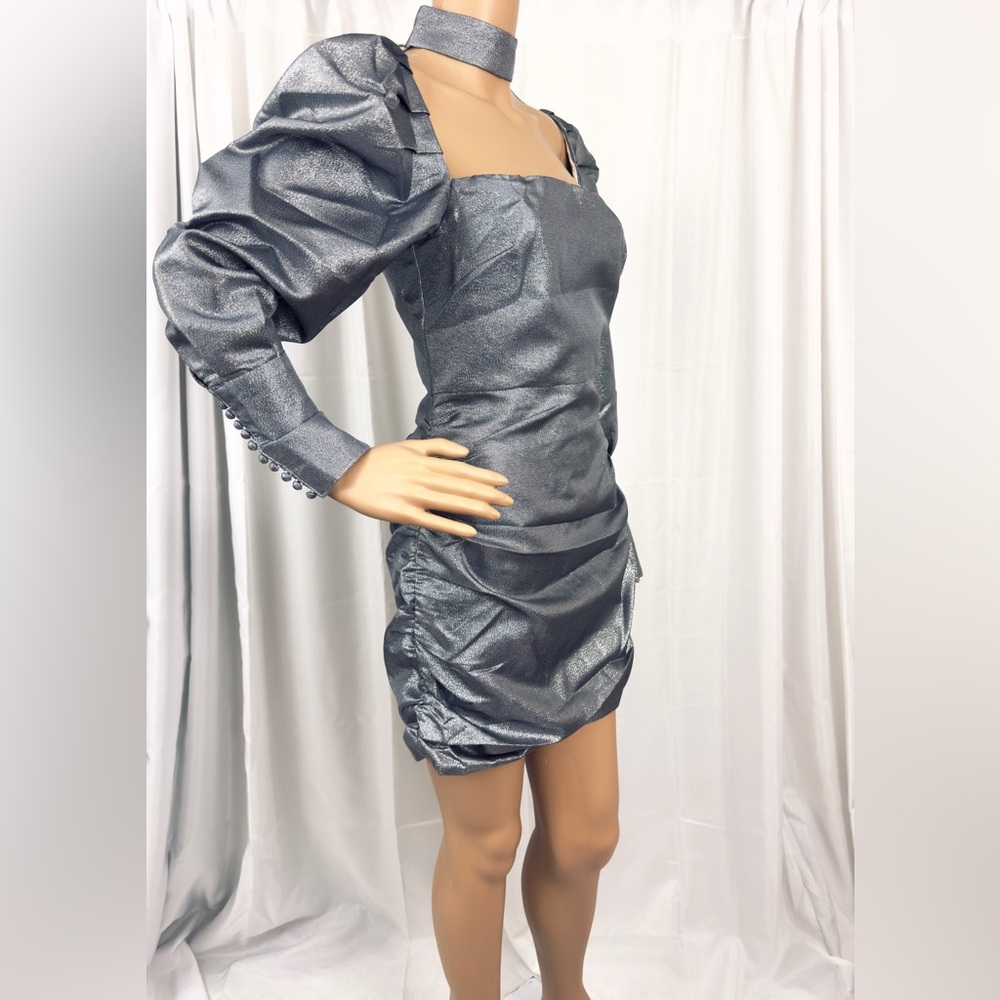 Choosy Metallic Navy Silver Choker Square Neck Puff Sleeve Mini Dress Size 4 NWT
